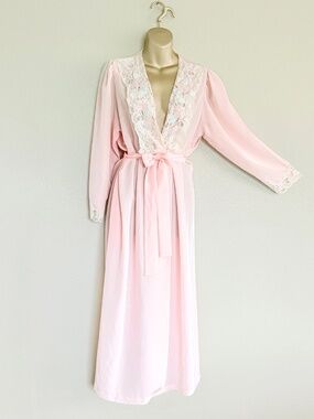 Vintage Blush Baby Pink Floral Lace Trim Ethereal Hollywood Boudoir Robe Sz M